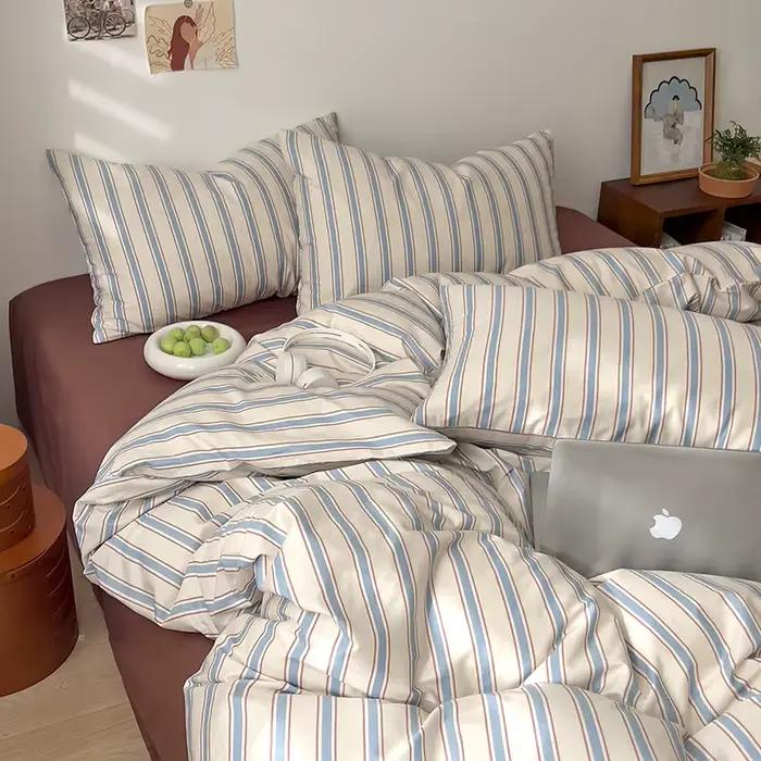 Linge de lit 100% coton housse de couette rayure Queen Size 40s