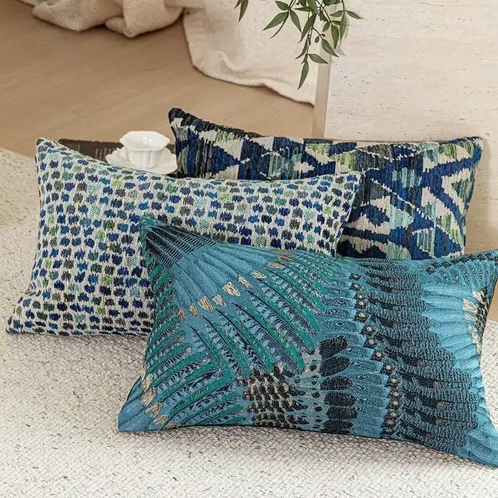 Housse de coussin lombaire de luxe vintage bleue en chenille texturée jacquard tissée