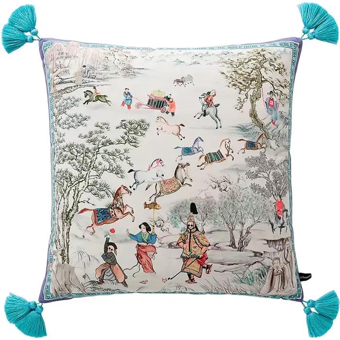 Housse de coussin rose en velours avec motif cheval et roses