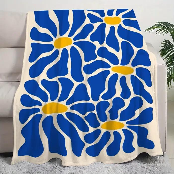 Grande couverture en flanelle florale rétro - Abstract bleu et jaune | Doux et confortable lavable |