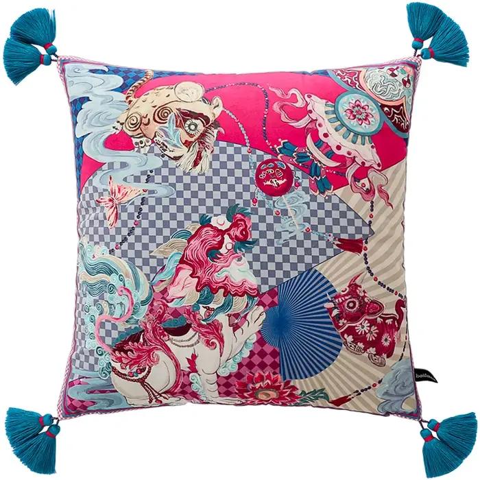Housse de coussin rose en velours avec motif cheval et roses