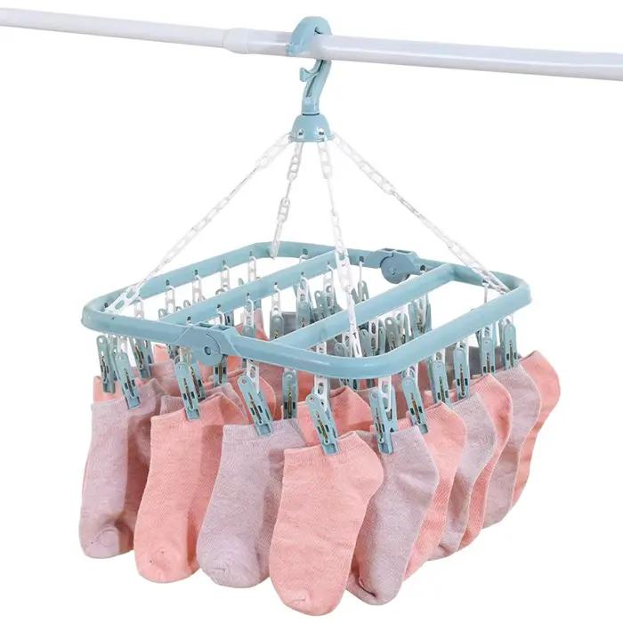 Séchoir à sous-vêtements pliable avec 32 pinces pivotantes anti-vent pour chaussettes