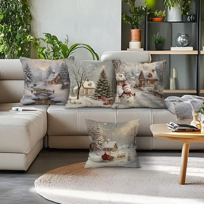Taie d'oreiller décorative de Village d'hiver de noël 18x18 pouces, taies d'oreiller pour maison, voiture, canapé, 1 pièce/4 pièces