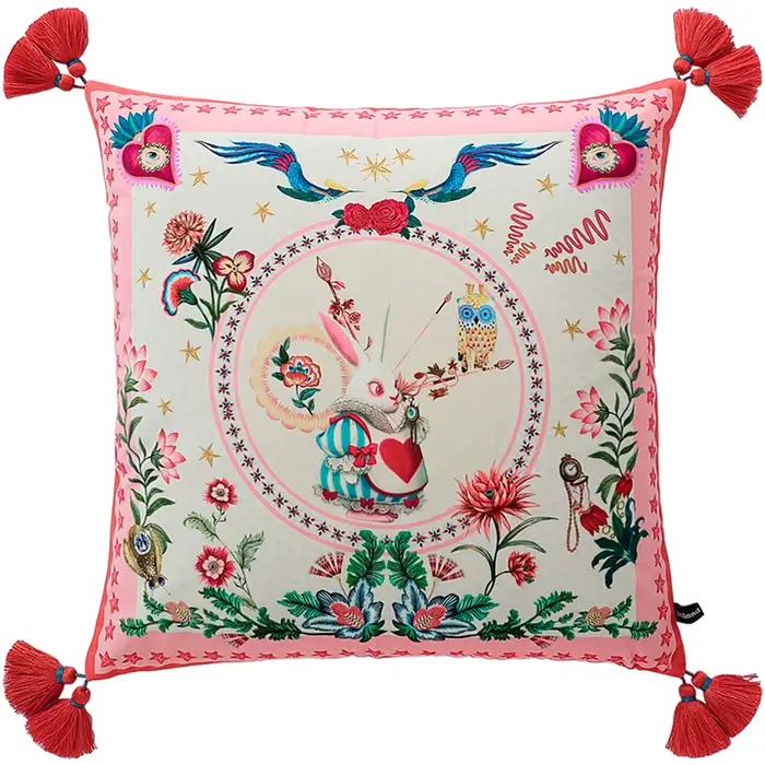 Housse de coussin rose en velours avec motif cheval et roses