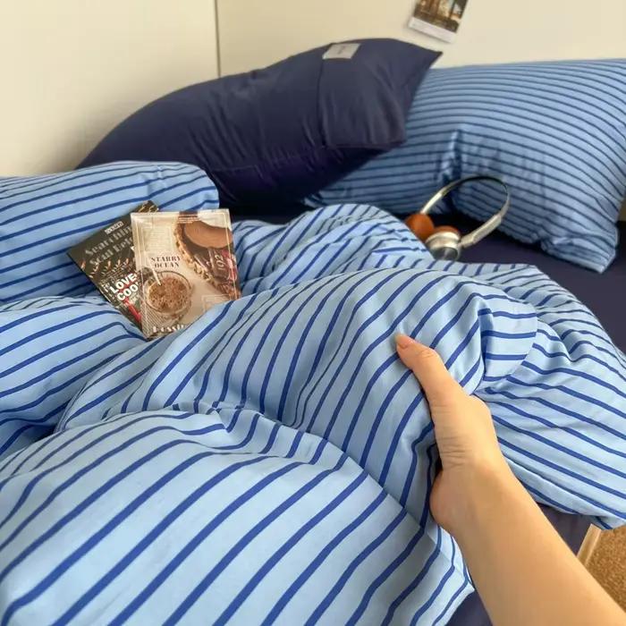 Ensemble de literie INS Style à rayures bleues, housse de couette, taie d'oreiller avec drap de lit, vêtements de maison, ensembles de draps pour chambre de garçons et filles