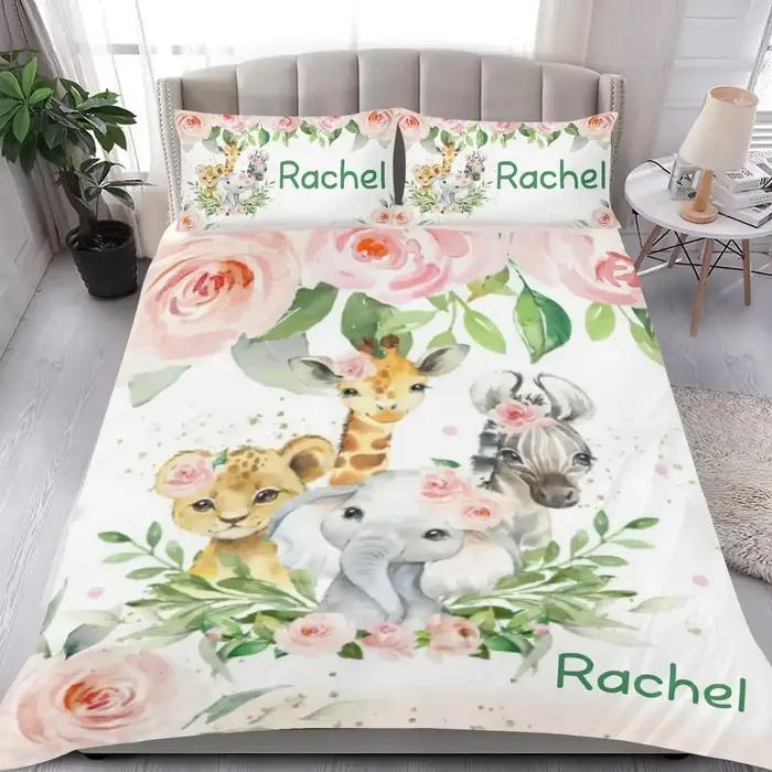Ensemble de literie de couverture de nom personnalisé pour enfants, animaux de dessin animé, Nairobi, Orn, Twin, Full, Queen, King, filles, garçons, anniversaire, cadeaux de mariage, athlon