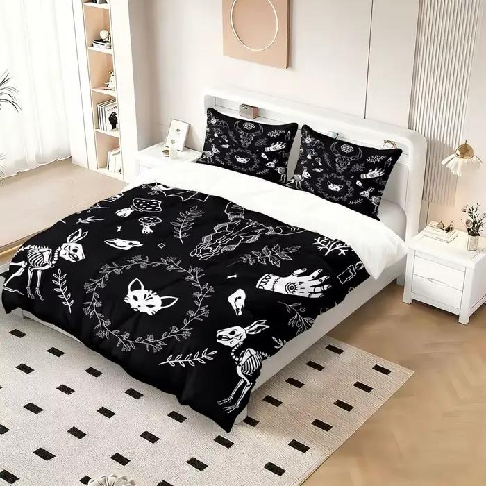 Parure de lit gothique occulte à motif crâne (1 housse de couette et 1/2 taie d'oreiller) – Collection Dark Academia