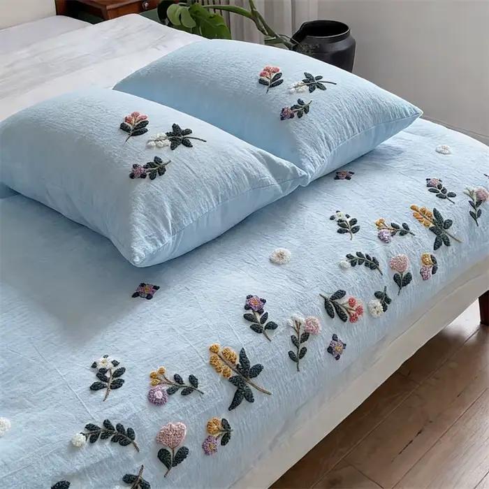 Ensemble de housse de couette douce de qualité supérieure, 3 pièces, motif floral brodé, blanc cassé, doux pour la peau, (1 housse de couette, 2 taies d'oreiller) simple, double, queen