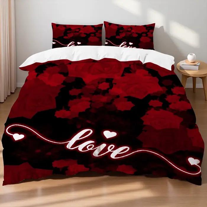 Ensemble de housse de couette à motif de lettres d'amour Rose romantique pour la saint-valentin, 3 pièces, en forme de cœur pour la saint-valentin, décor amusant à motif de marbre