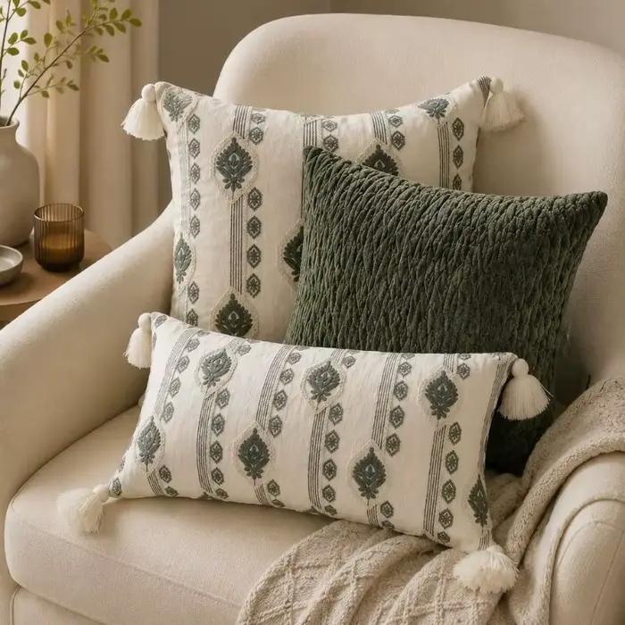 Housse de coussin bohème vert sauge et crème, brodée vintage avec pompons, en velours doux matelassé texturé, pour décoration de maison de style campagnard