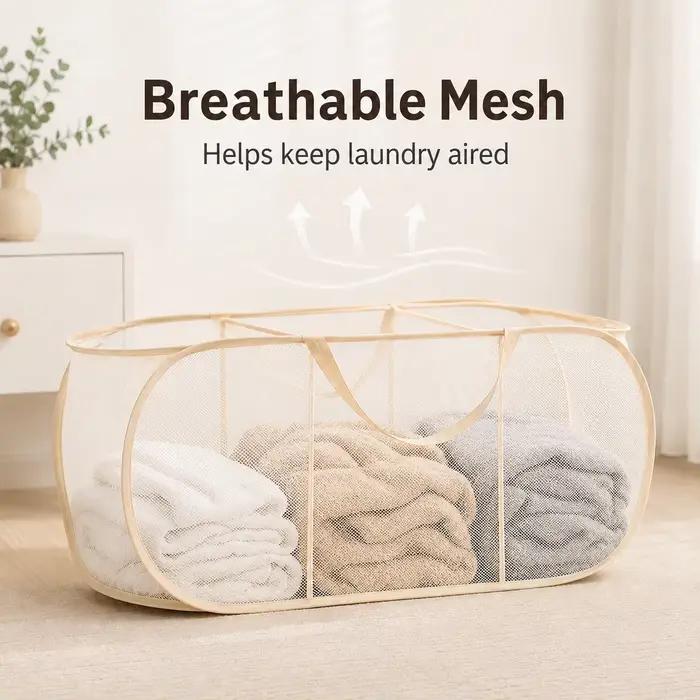 Panier à linge à 3 sections, panier à linge en maille, panier à linge en polyester avec poignées pour le rangement dans la chambre et la salle de bain