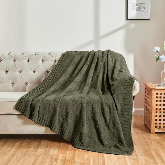 Couverture tricotée, couverture à carreaux vert Olive pour canapé
