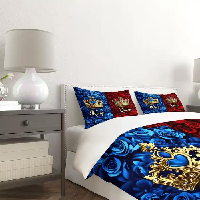 Parure de lit King Queen Crown, motif floral romantique rouge et bleu, imprimé numérique, housse de couette en microfibre douce, décoration intérieure