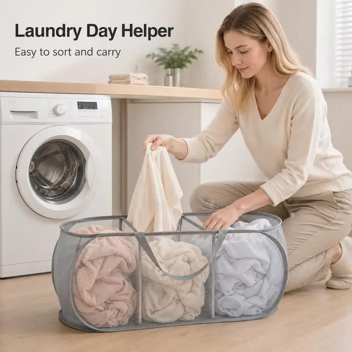 Panier à linge à 3 sections, panier à linge en maille, panier à linge en polyester avec poignées pour le rangement dans la chambre et la salle de bain