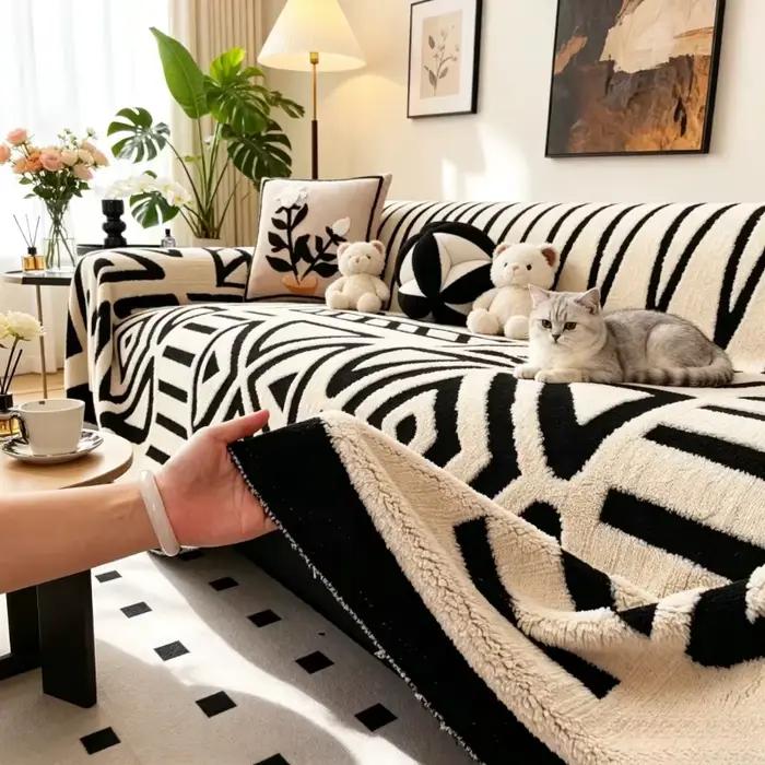 Couverture en peluche douce noire et blanche style bohème 180×230cm