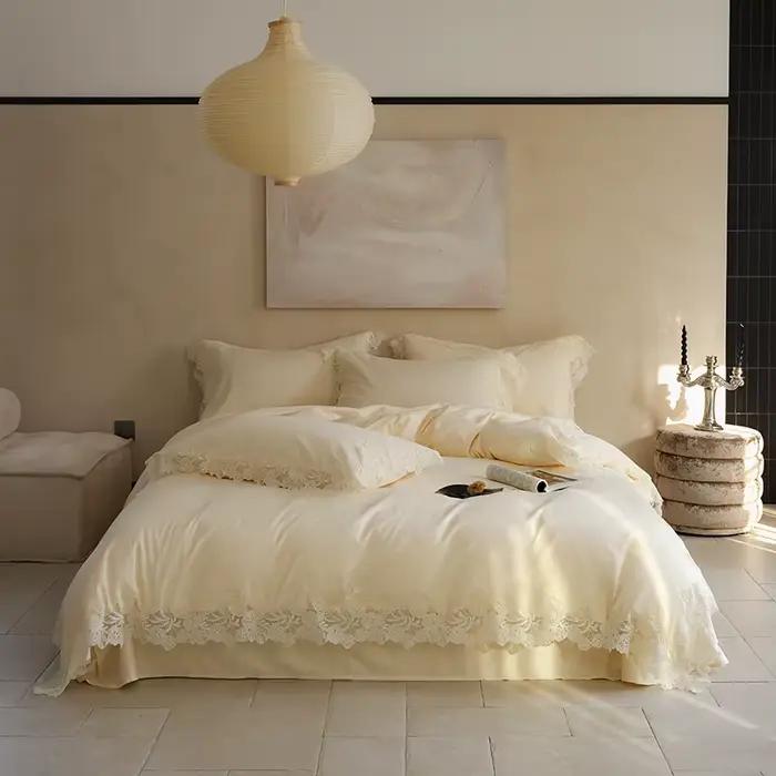 Parure de lit de luxe, couleur crème, taille Queen, décor de chambre à coucher, doux, confortable, Design élégant pour femmes et Couples, drap de lit princesse
