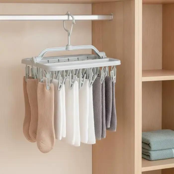 Séchoir à linge pliable avec 32 pinces 360° ° Crochet pivotant pour économiser de l'espace
