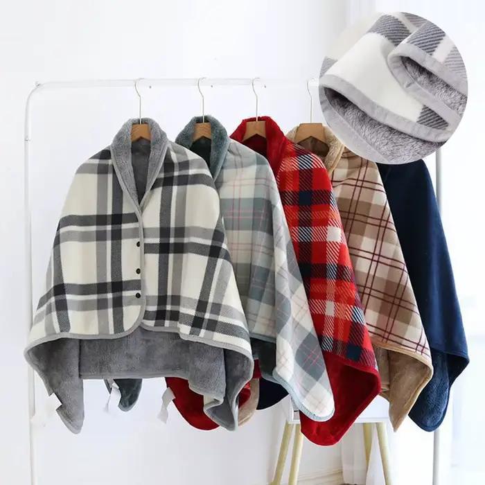 Couverture châle à carreaux avec boutons, chaude, pour la maison, le bureau, les voyages, en polaire douce, aux genoux, pour l'hiver