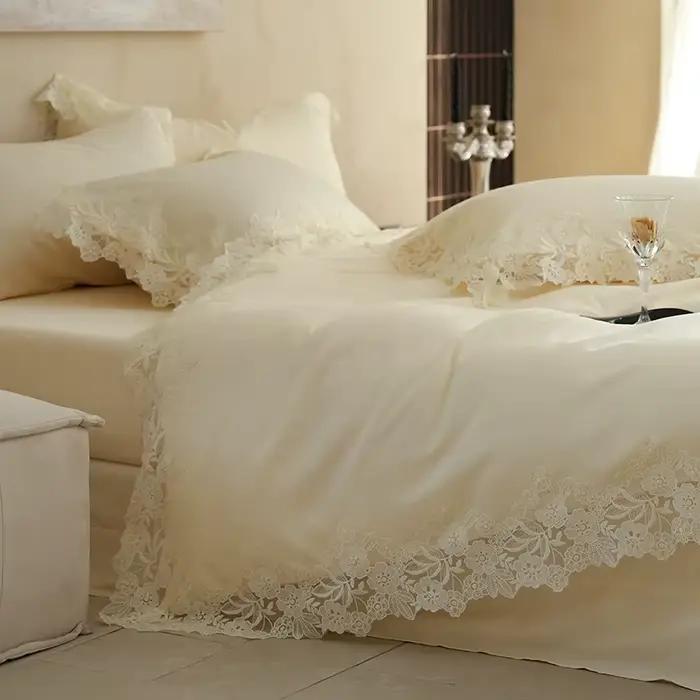 Parure de lit de luxe, couleur crème, taille Queen, décor de chambre à coucher, doux, confortable, Design élégant pour femmes et Couples, drap de lit princesse