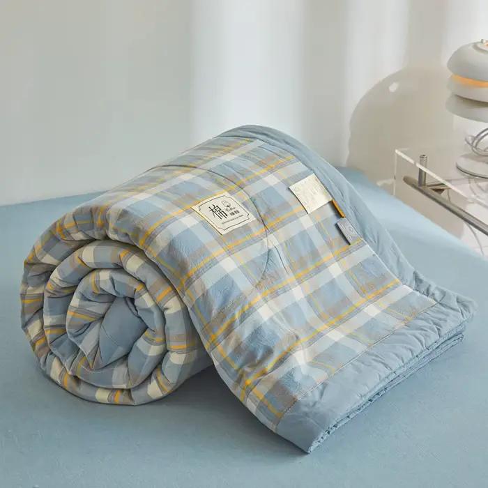 Couette d'été entièrement en coton à fibres longues, matelassée pour climatisation, lavable, à carreaux, douce, pour lit double, simple ou queen size