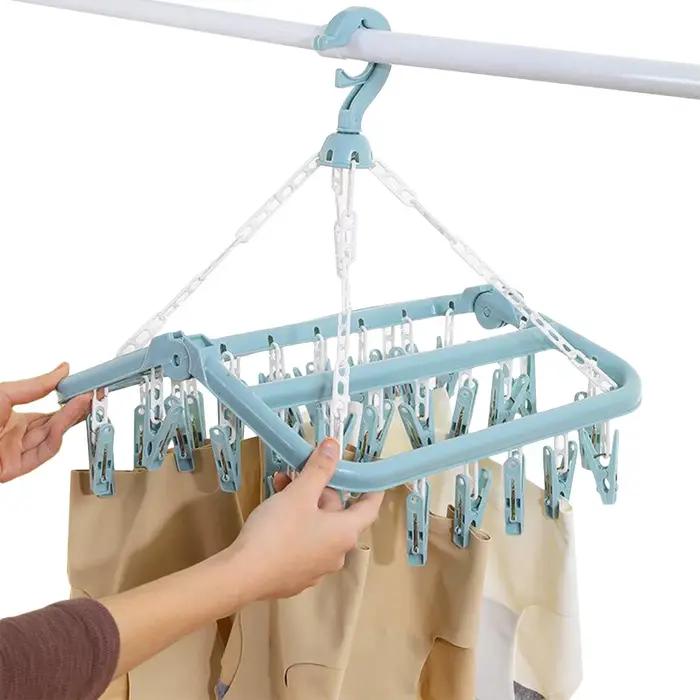 Séchoir à sous-vêtements pliable avec 32 pinces pivotantes anti-vent pour chaussettes