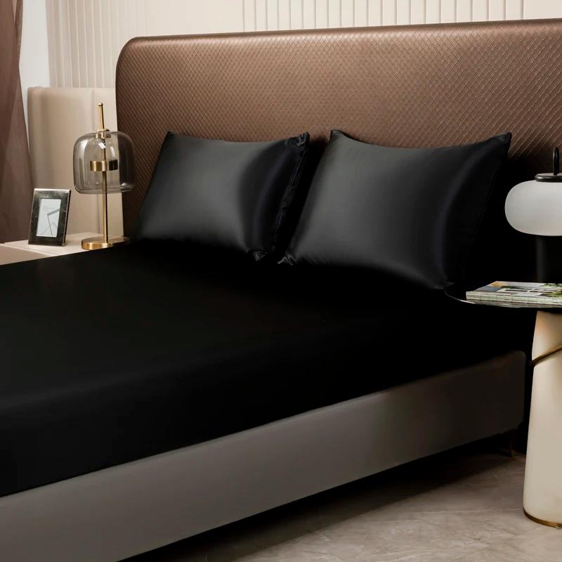 Drap-housse en Satin de couleur unie, housse de matelas double en soie glacée, Queen, naturel avec b