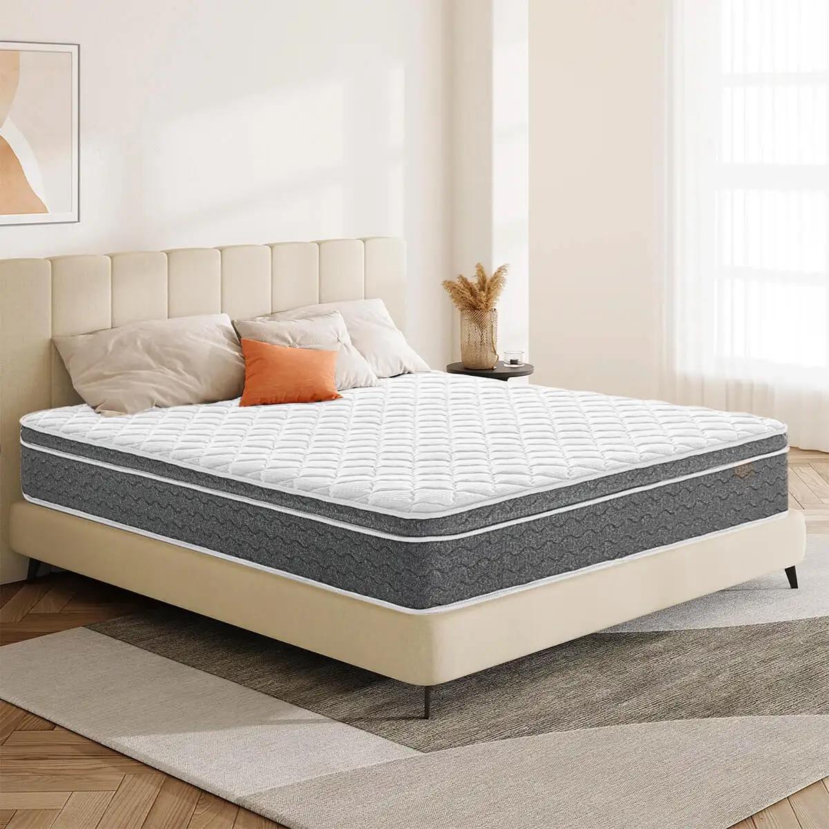 Matelas hybride Queen Size 10/12/14 pouces, sans fibre de verre, sensation moyenne, isolation du mou