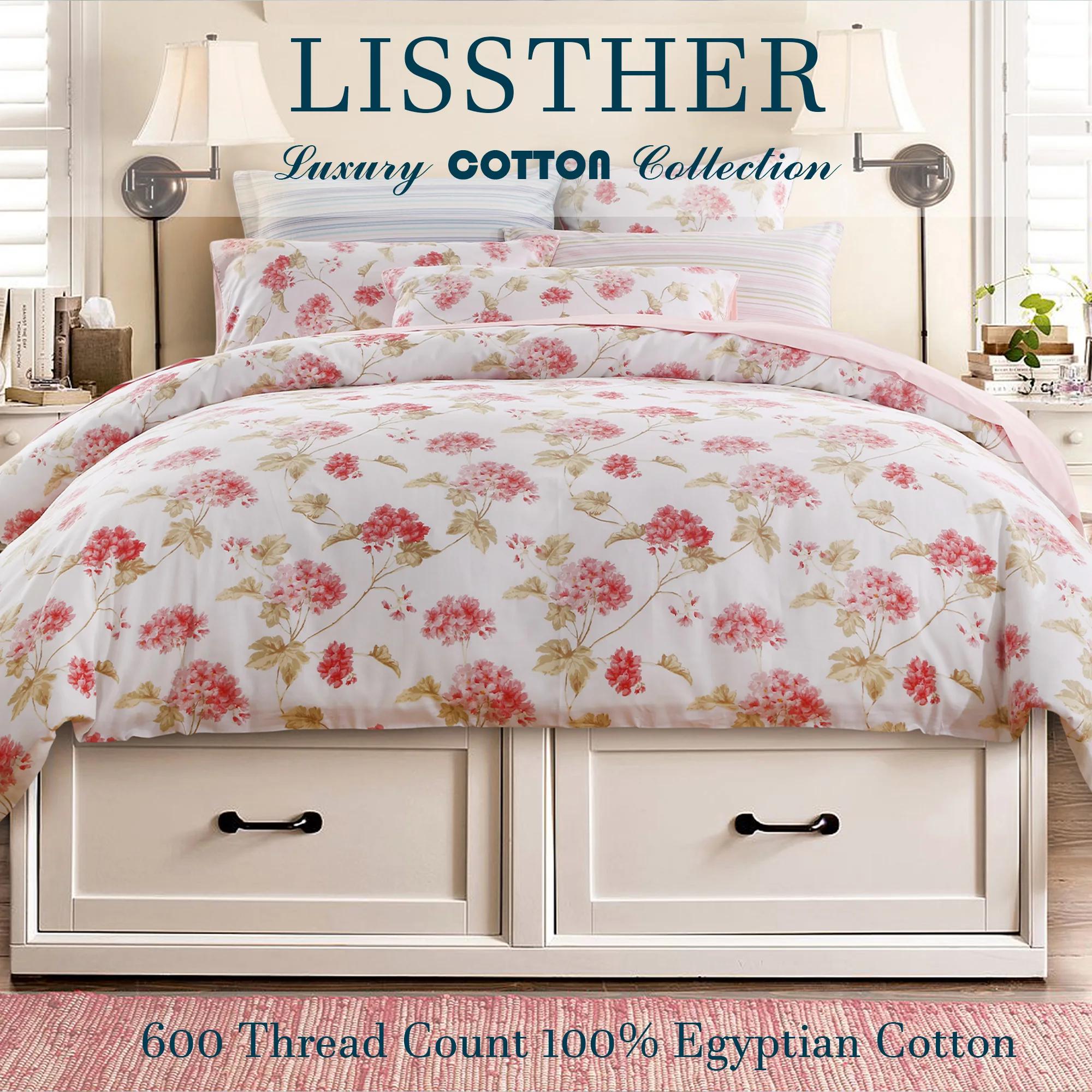 Ensemble de housse de couette 100% coton égyptien 600TC, 3 pièces, Floral de printemps rose Shabby C