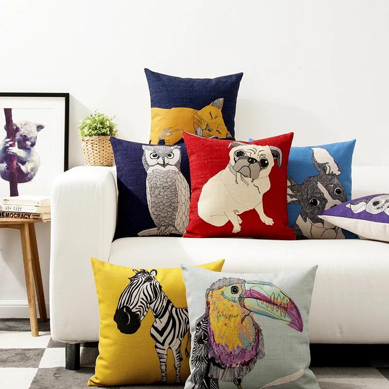 Housse de coussin nordique en zèbre, Animal de dessin animé, couleur unie rouge jaune oiseau chat, décoration de la maison, canapé de bureau