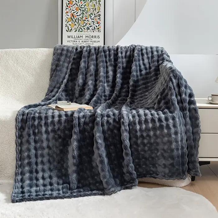 Couverture en fausse fourrure, couverture en peluche de lapin à bulles pour canapé-lit, couverture c