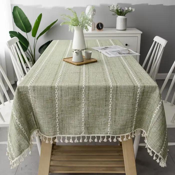 Nappe en coton et lin à rayures avec pompons, résistante aux taches et anti-poussière, pour la décor