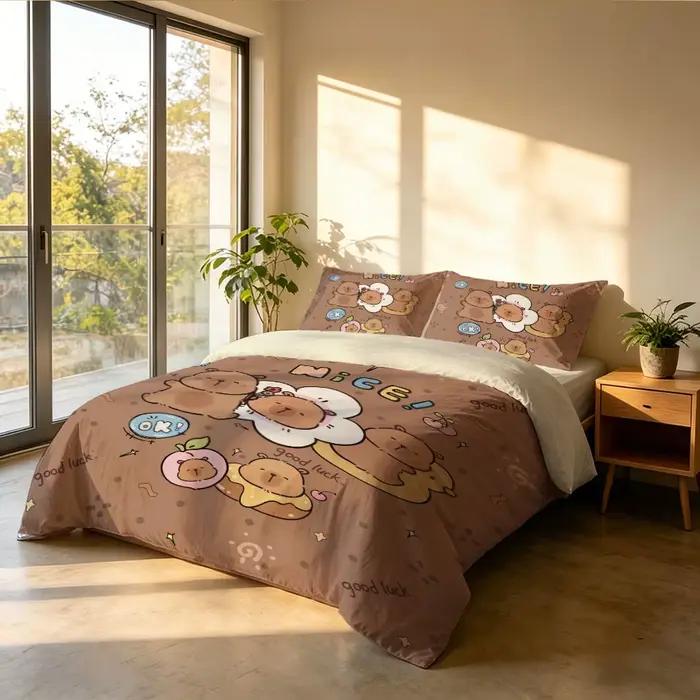 Parure de lit Capybara Duck 3 pièces, motif animalier mignon, avec taies d'oreiller pour chambre d'enfant