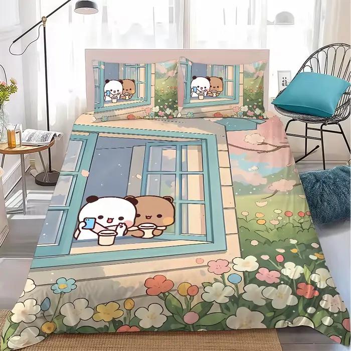 Ensemble de housse de couette Cartoon Bubu Dudu Lovers, style maison, literie douce en coton lavable, ensemble de lit 3 pièces, cadeau pour étudiants en résidence