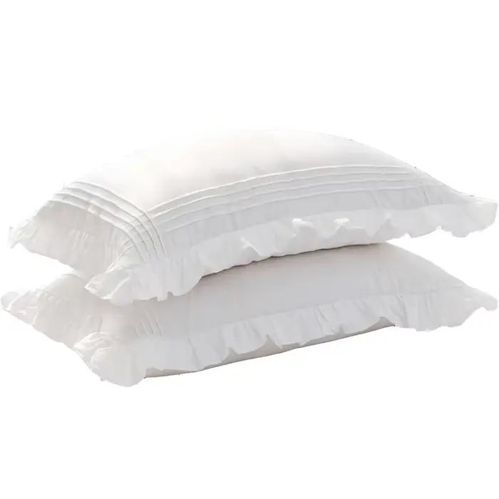 Lot de 2 taies d'oreiller blanches en coton 100% avec volants froncés