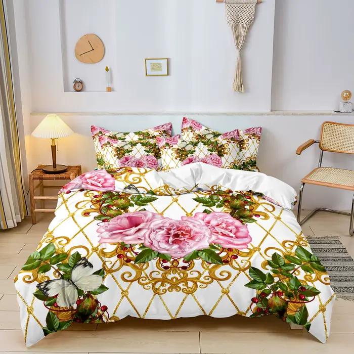 Ensemble de literie luxueux de style baroque moderne avec motifs floraux géométriques - 3 pièces - Inclut 1*Housse de couette + 2*Taies d'oreiller