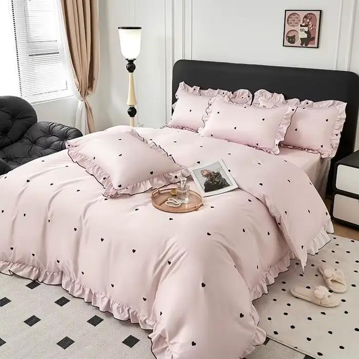 Ensembles de housse de couette en forme de cœur rose coréen pour filles