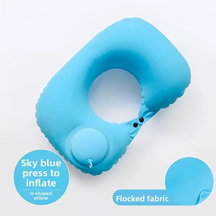 Oreiller de voyage gonflable portable en forme de U avec pompe à pression, coussin de soutien pour le cou en tissu floqué doux pour les voyages en avion, en train ou en voiture