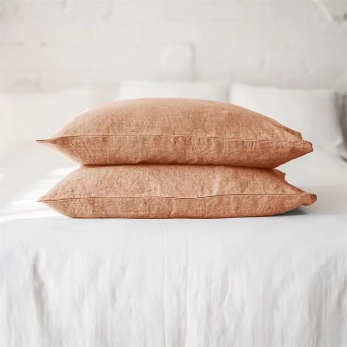 2PCS 100% Pur Lin Taie D'oreiller Douce D'été Jeté de Lit Caramel Housse De Coussin Respirant Doux Décoratif À La Maison