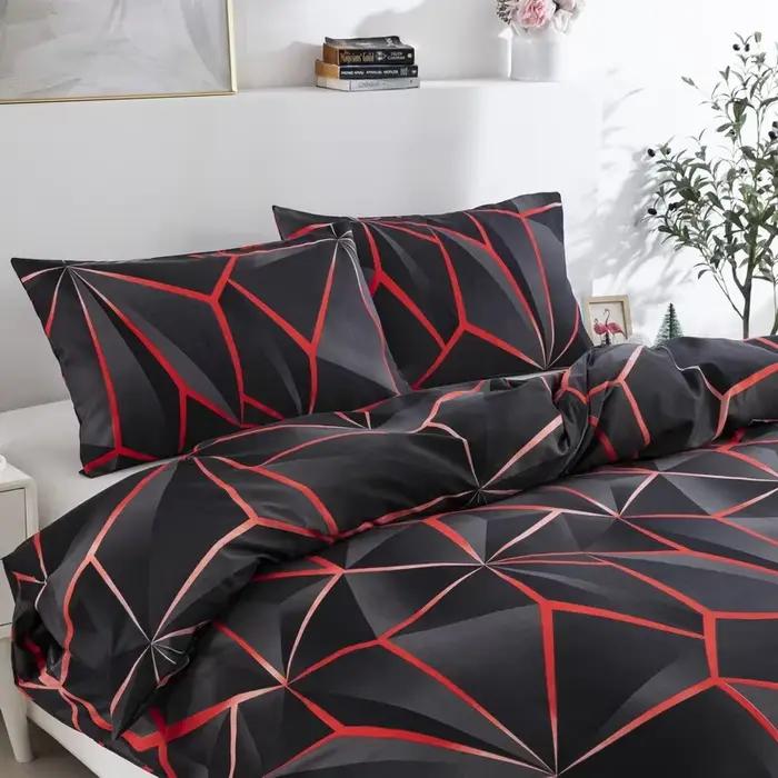 Housse de couette géométrique noire et rouge, ensemble de literie géométrique tridimensionnel Queen 3D, ligne néon abstraite moderne