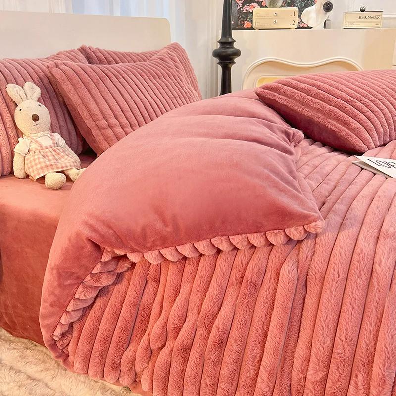 Parure de lit en velours imitation fourrure de lapin, housse de couette double face AB, drap en flan