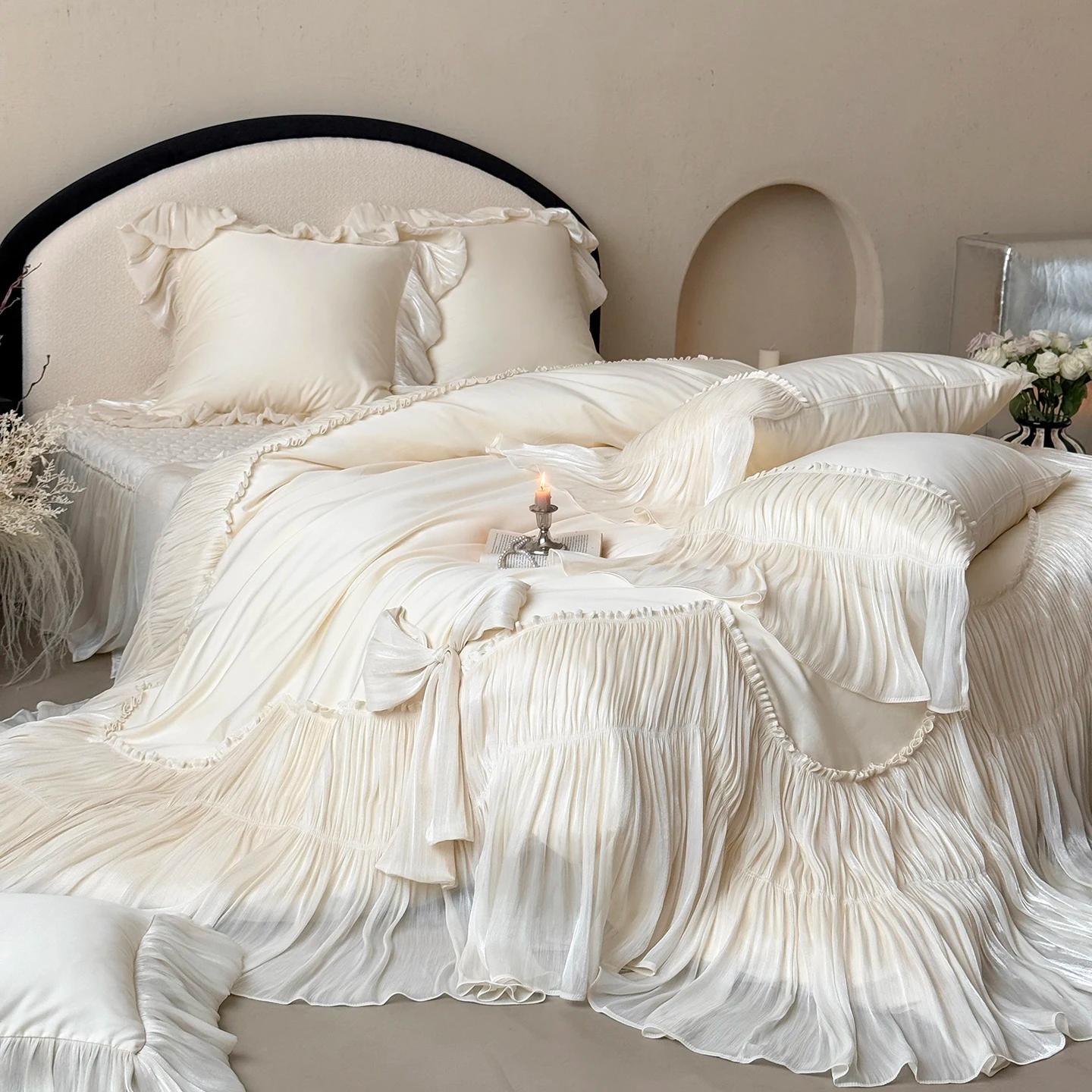 Parure de lit romantique en dentelle française, ensemble de literie de mariage princesse à volants, housse de couette en coton égyptien, couvre-lit matelassé, taies d'oreiller, 4 pièces