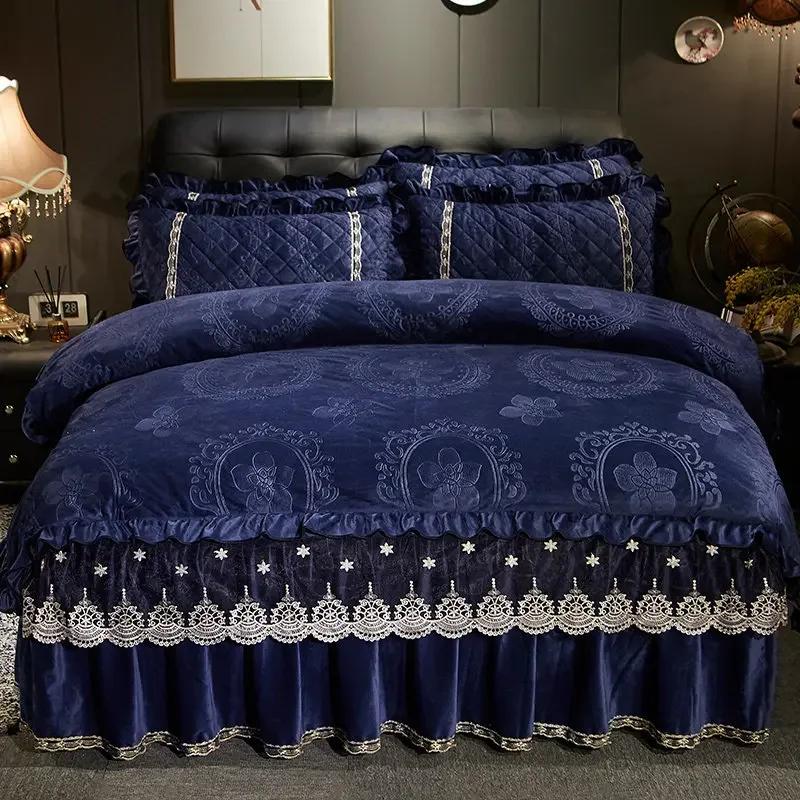 AI WINSURE-Ensemble de literie en velours de dentelle Europe, housse de athlon en relief, couvre-lit matelassé, doux, 2 taies d'oreiller, hiver, 4 pièces