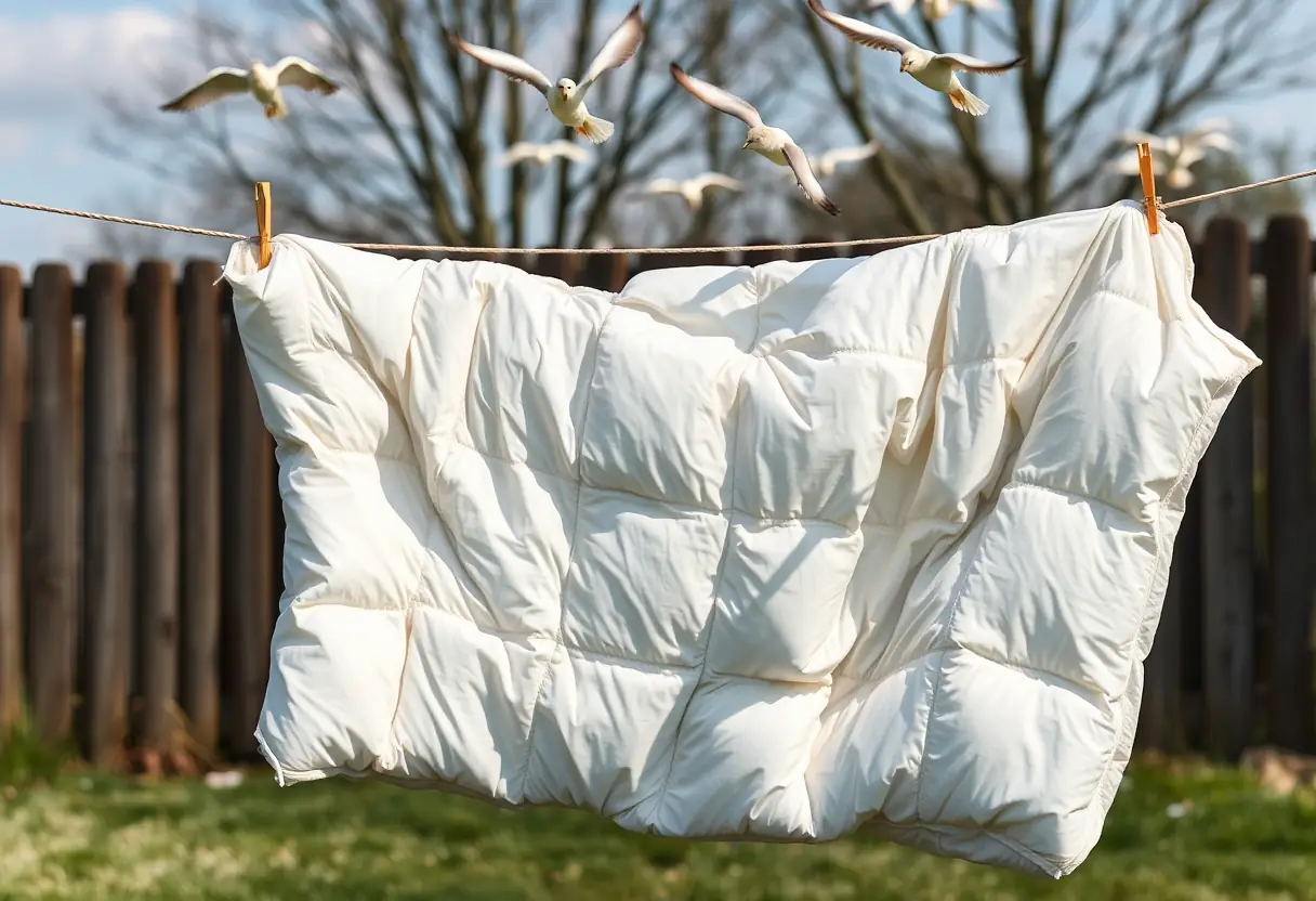 Couvre-lit garni de duvet de canard accroché sur une corde à linge