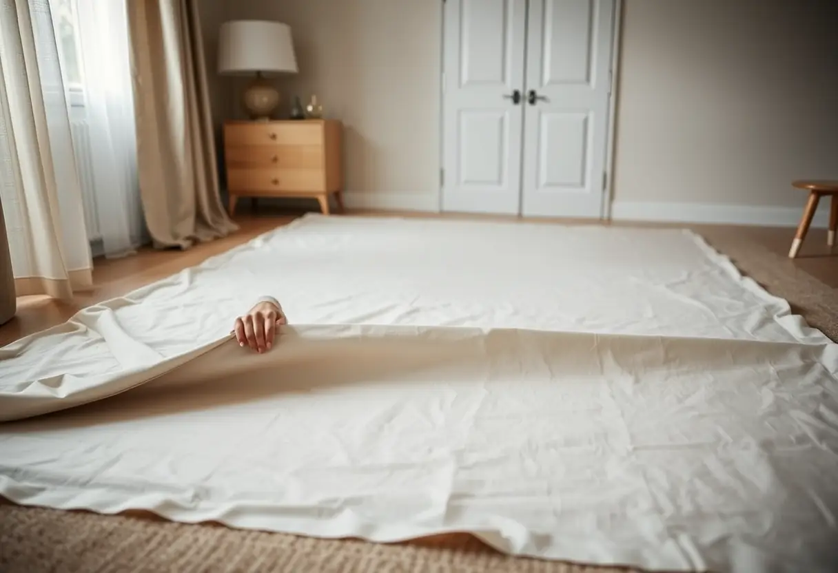 Des mains qui lisser un pli sur une housse de couette posée sur le sol d'une chambre