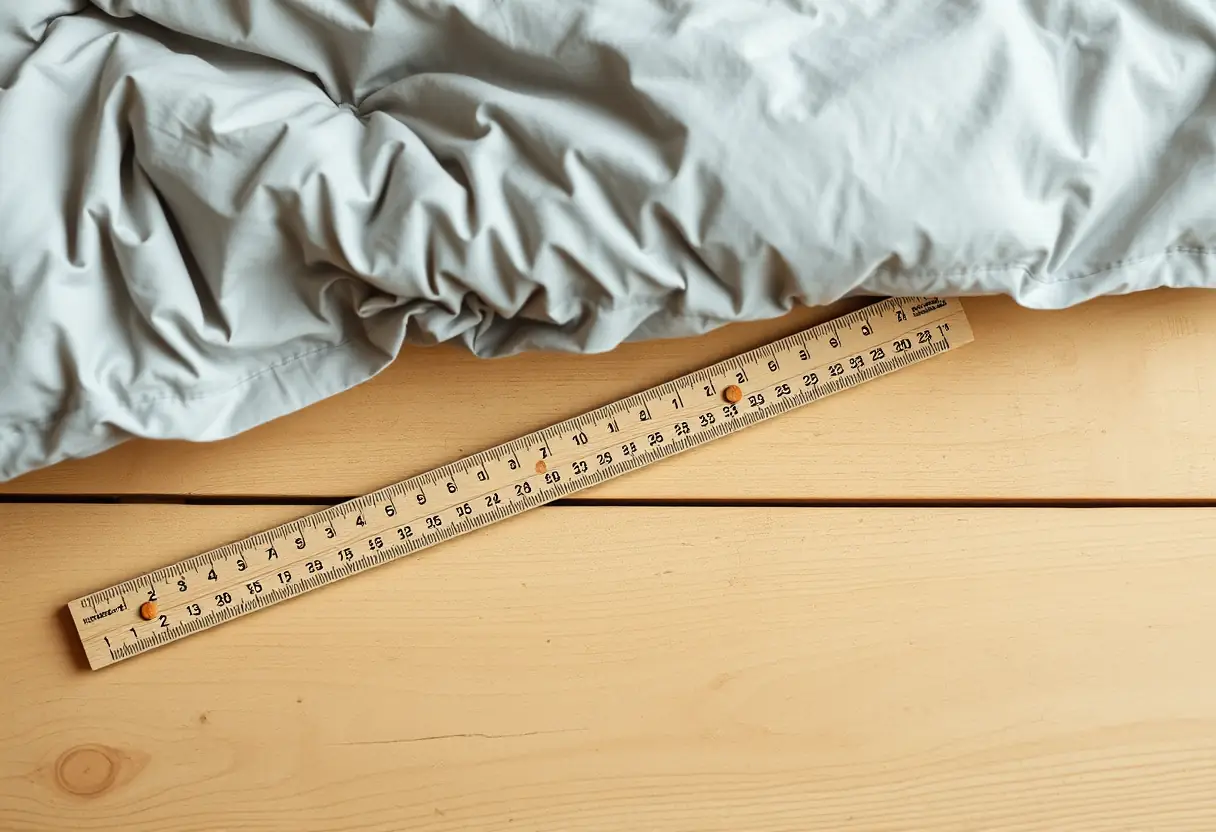 Un mètre de bois posé près d'un couvre-lit soigneusement plié sur une table en bois