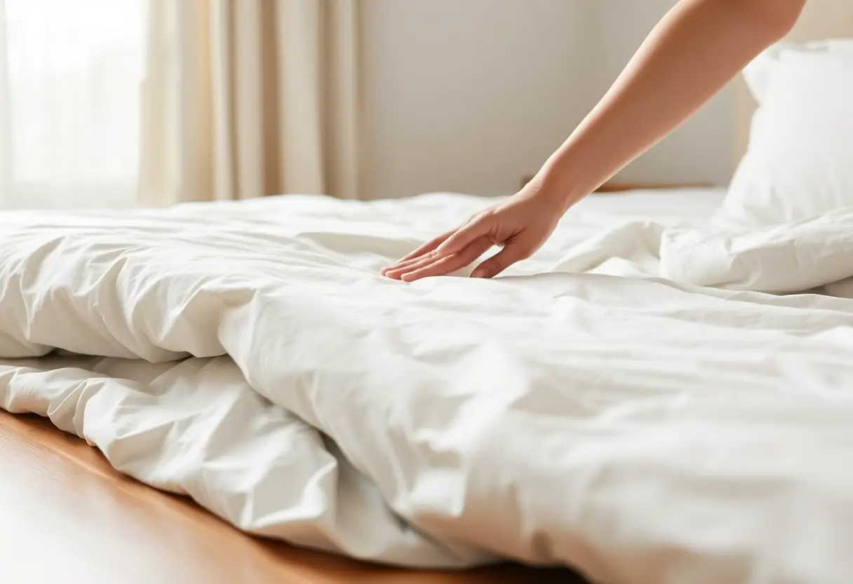Une main étalant délicatement une housse d'édredon sur le plancher d'une chambre
