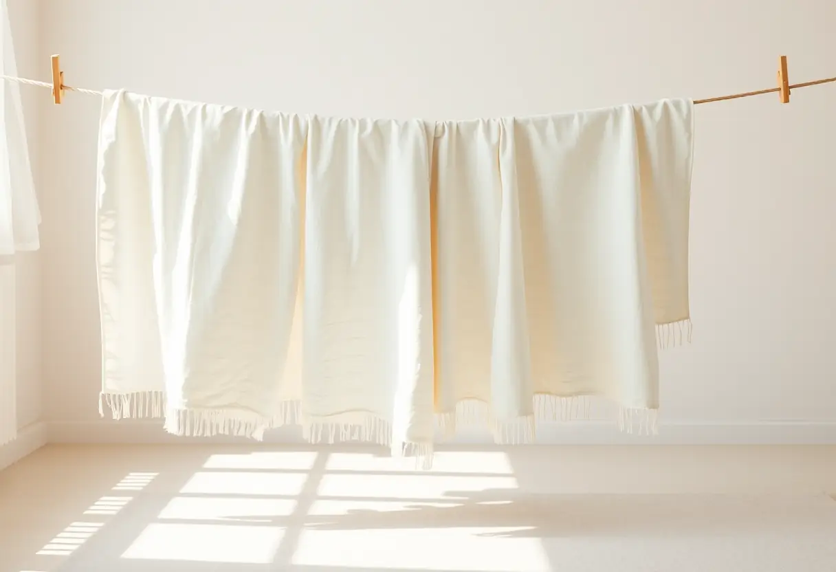 Des couvertures légères suspendues à une corde à linge dans une nursery, éclairées par le soleil du matin