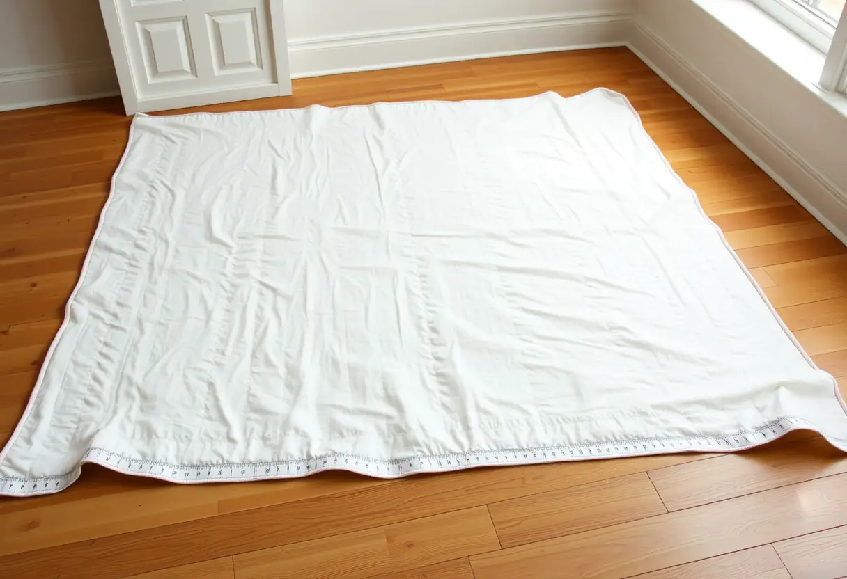 Un drapé en coton blanc étalé sur le sol, mesuré à l'aide d'un mètre pour illustrer ses dimensions