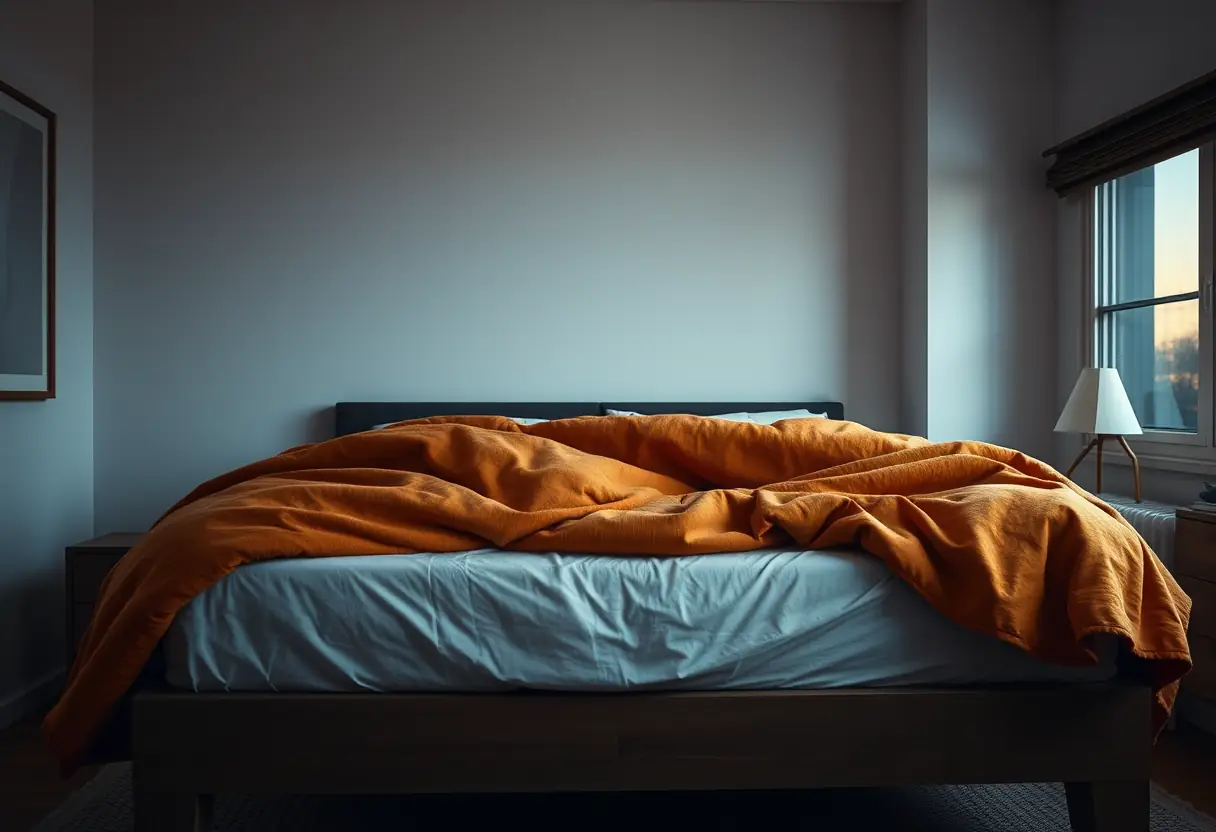 Une chambre avec un lit douillet sous une couette spacieuse au coucher de soleil