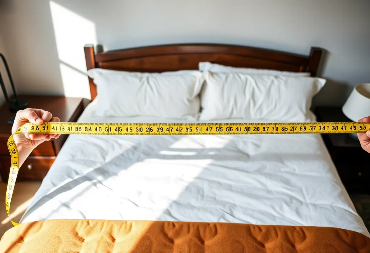 Mains tenant un mètre ruban étendu sur un lit king size, soulignant l'importance des mesures précises